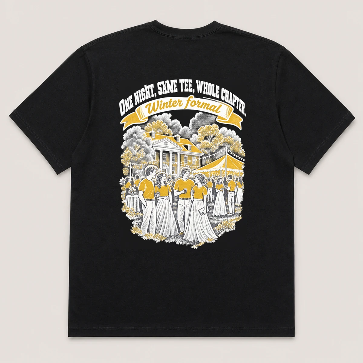 Winter formal pocket tee on a black Pocket Tee, back view