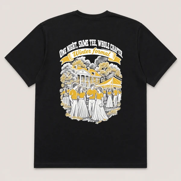 Winter formal pocket tee on a black Pocket Tee, back view