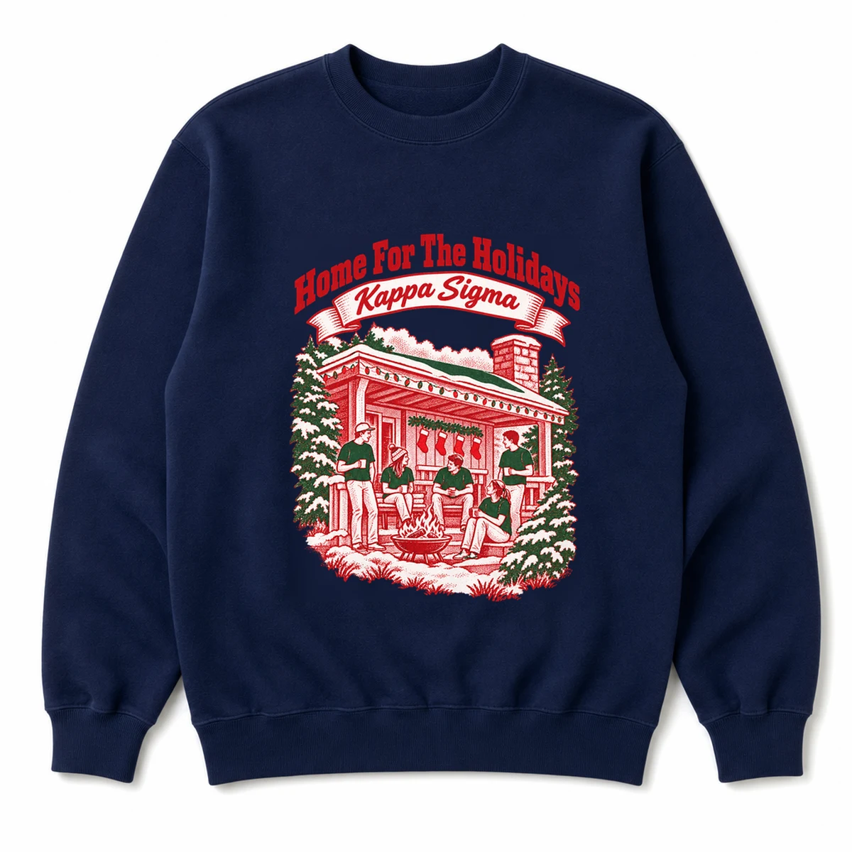 front view of a navy crewneck sweatshirt with a small chest lockup printed over the chest