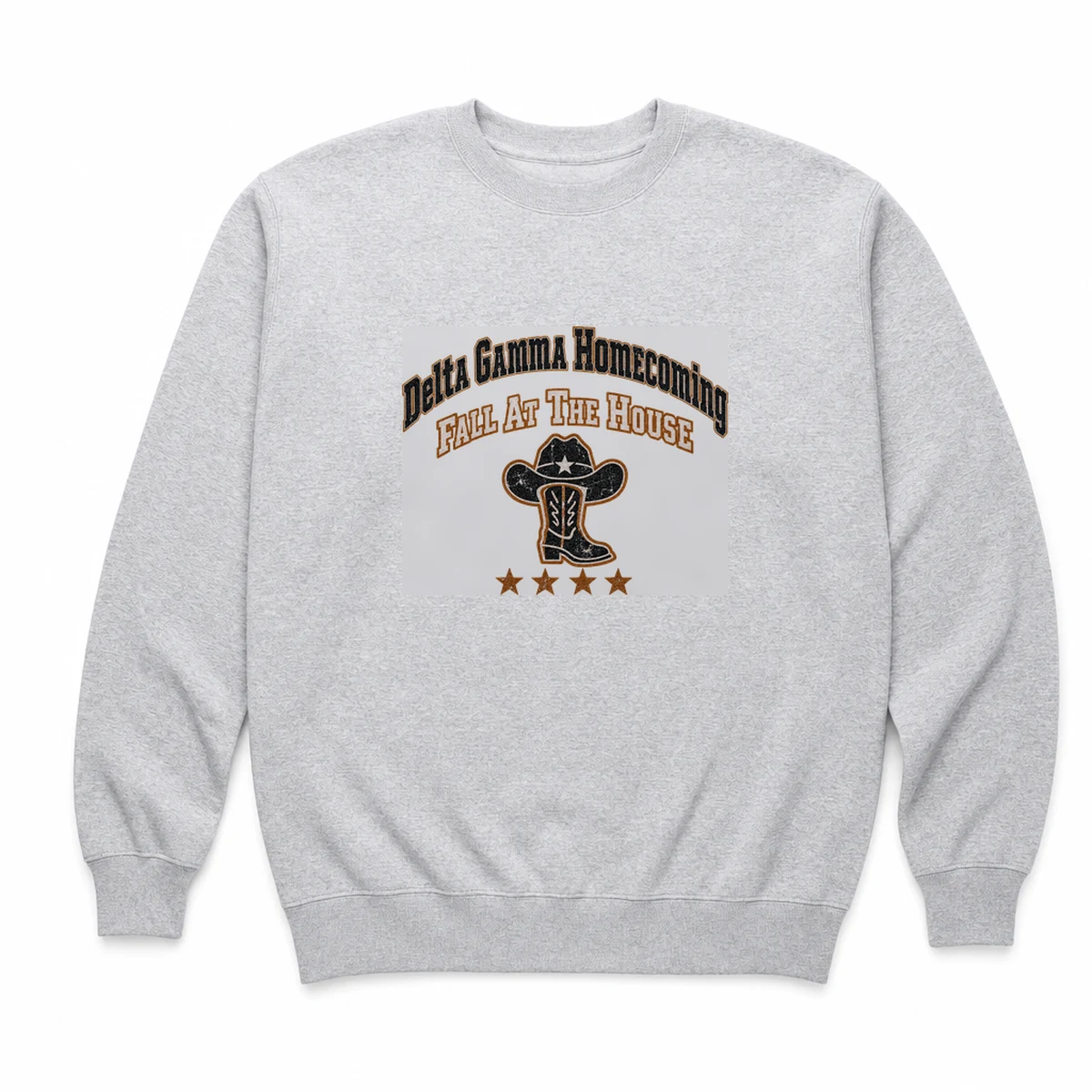 front view of an ash crewneck sweatshirt with an arched worn homecoming wordmark and a small anchor