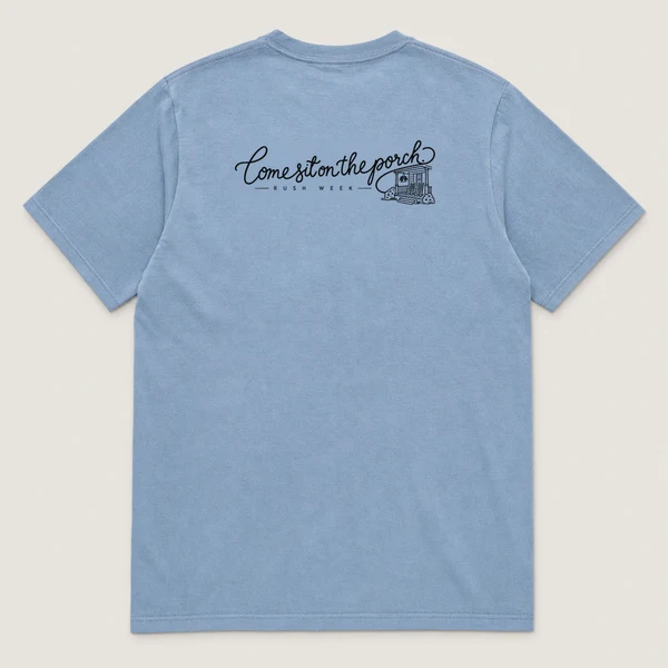 Rush week pocket tee on a chambray Pocket Tee, back view