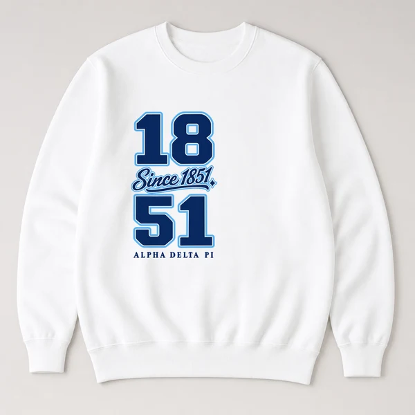 front view of a white crewneck sweatshirt with giant split founding year numerals and a small diamond mark