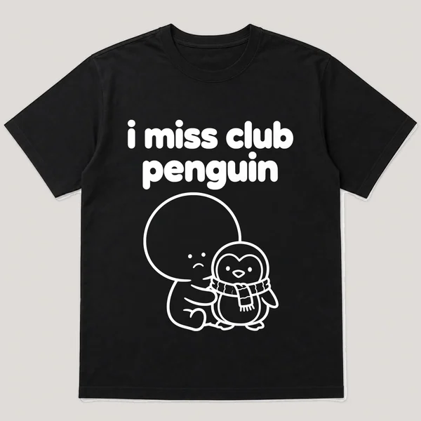i miss club penguin on a black tee, front view