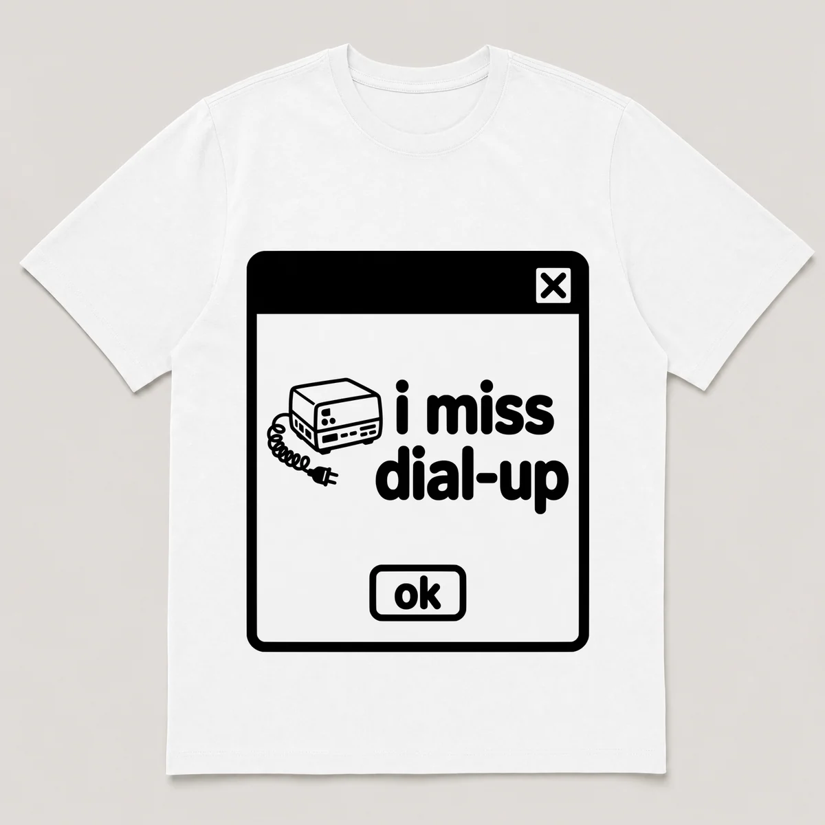 lonely boi tee: a retro computer error dialog window with coiled phone cord and the words i miss dial-up and an ok button