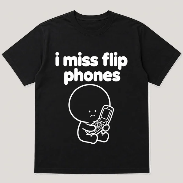 i miss flip phones on a black tee, front view