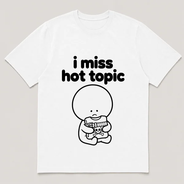 lonely boi tee: a small sad cartoon boy hugging a studded belt and a band tee, with the words i miss hot topic above him