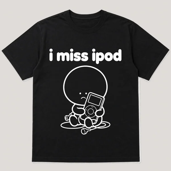 i miss ipod on a black tee, front view