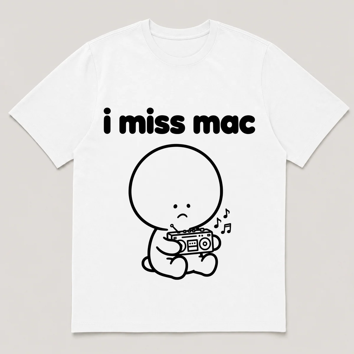lonely boi tee: a small sad cartoon boy hugging a small boombox with music notes, with the words i miss mac above him