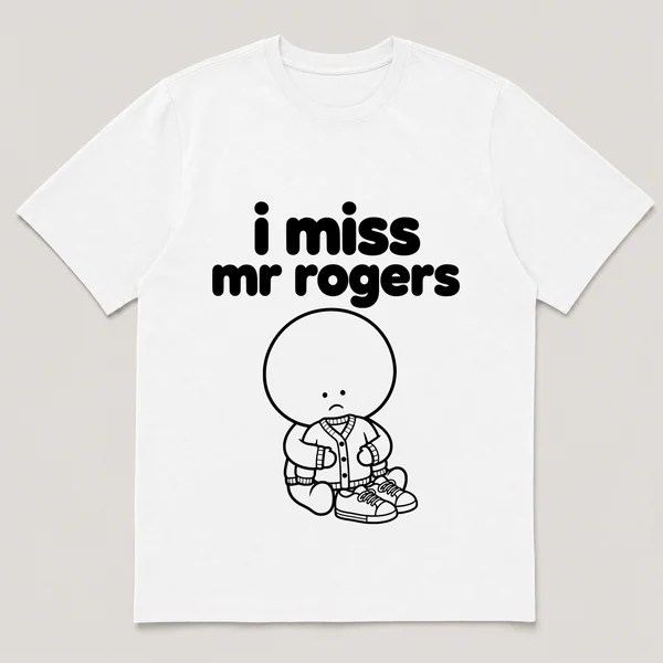 lonely boi tee: a small sad cartoon boy hugging a red cardigan sweater and sneakers, with the words i miss mr rogers above him