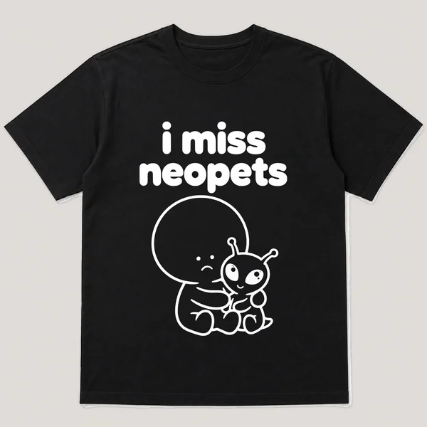 i miss neopets on a black tee, front view