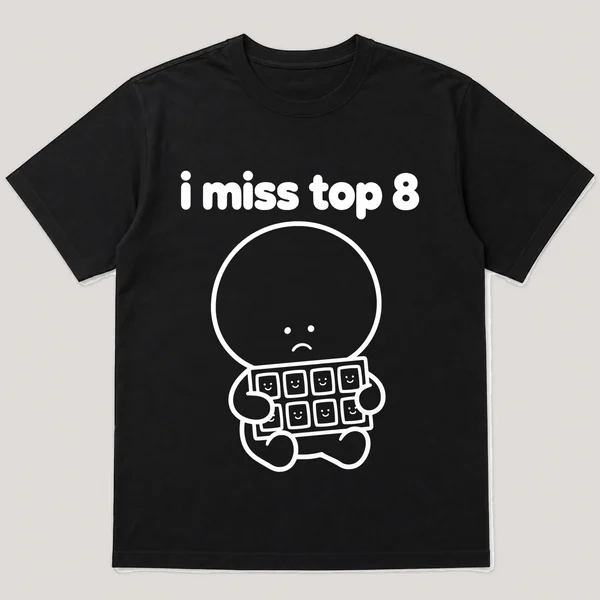 i miss top 8 on a black tee, front view