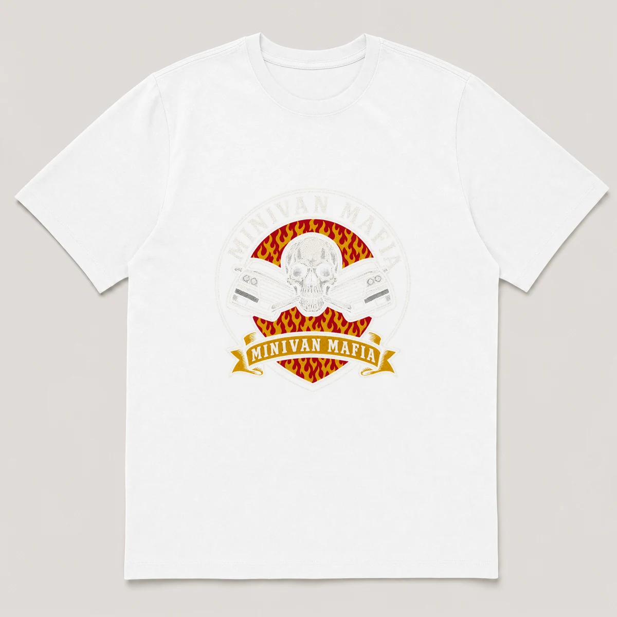 flat lay mockup of a heavyweight tee in black, front view, with the printed design MINIVAN MAFIA across the chest