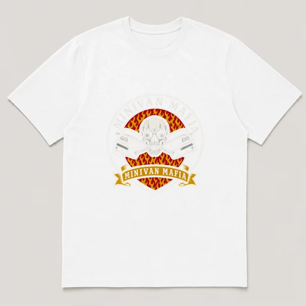 flat lay mockup of a heavyweight tee in black, front view, with the printed design MINIVAN MAFIA across the chest