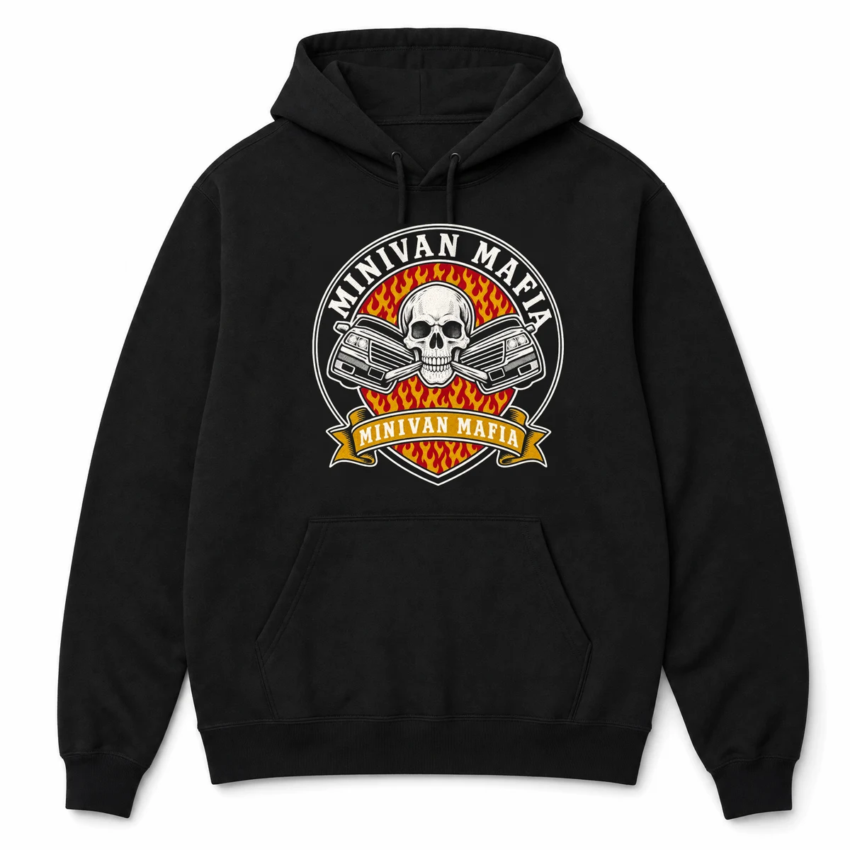 MINIVAN MAFIA on a black hoodie, front view