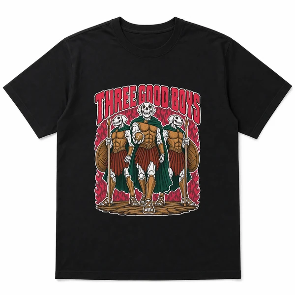 flat lay mockup of a heavyweight tee in black, front view, with the printed design THREE GOOD BOYS across the chest