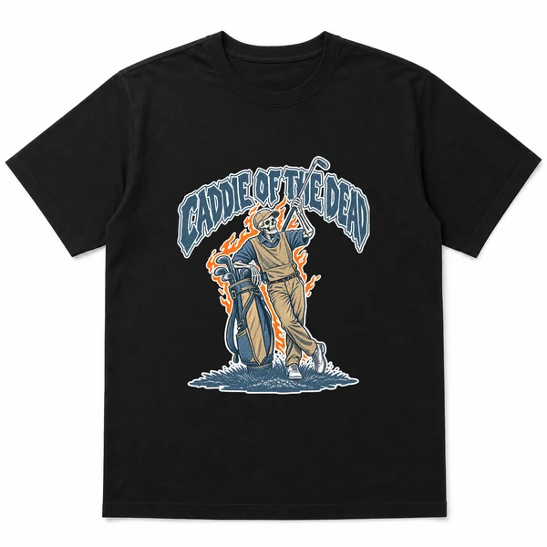 flat lay mockup of a heavyweight tee in black, front view, with the printed design CADDIE OF THE DEAD across the chest