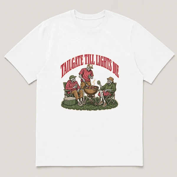 flat lay mockup of a heavyweight tee in black, front view, with the printed design TAILGATE TILL LIGHTS DIE across the chest