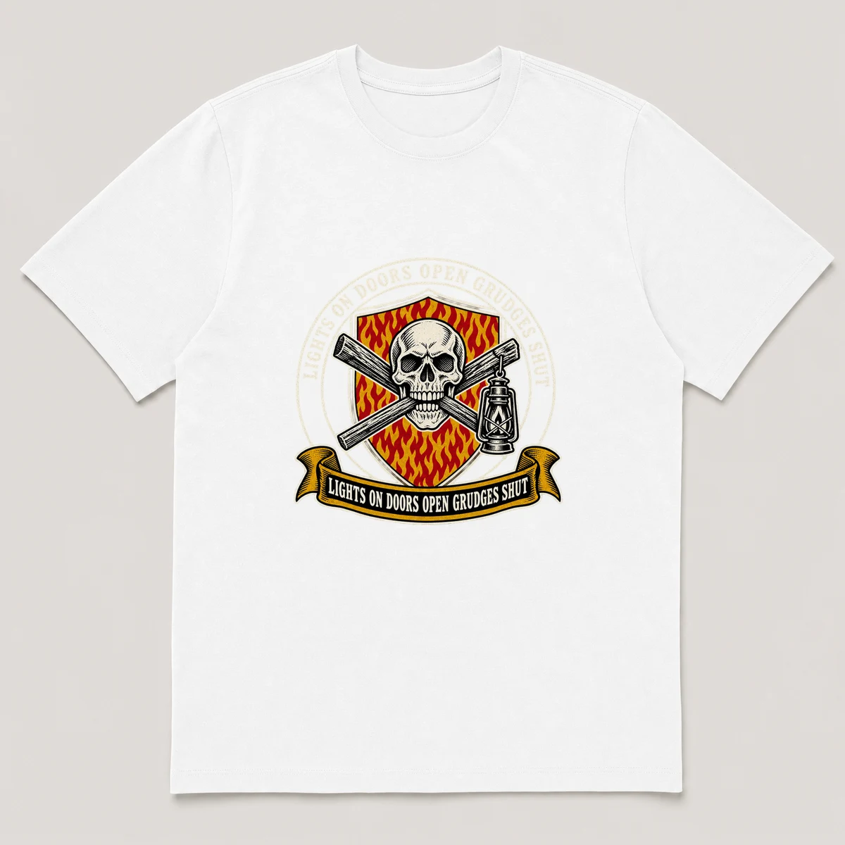 flat lay mockup of a heavyweight tee in black, front view, with the printed design LIGHTS ON DOORS OPEN GRUDGES SHUT across the chest
