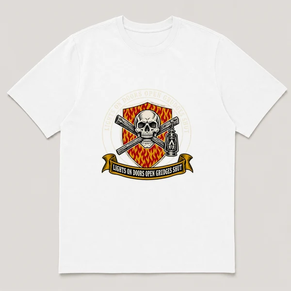 flat lay mockup of a heavyweight tee in black, front view, with the printed design LIGHTS ON DOORS OPEN GRUDGES SHUT across the chest