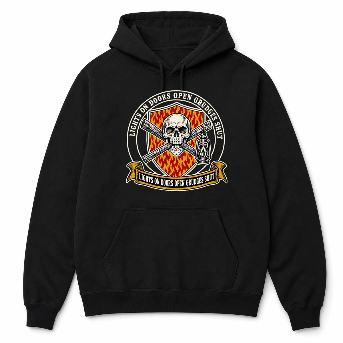 LIGHTS ON DOORS OPEN GRUDGES SHUT on a black hoodie, front view
