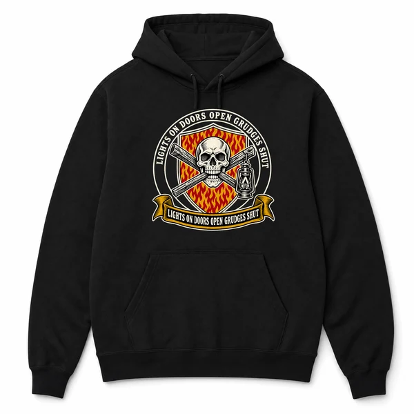 LIGHTS ON DOORS OPEN GRUDGES SHUT on a black hoodie, front view