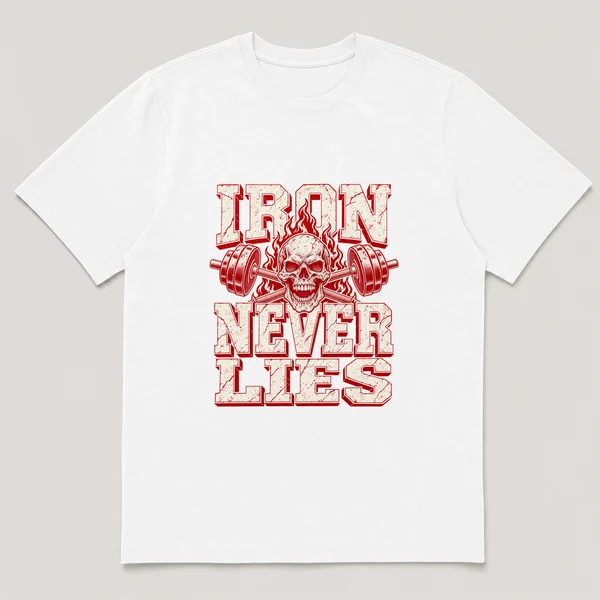 flat lay mockup of a heavyweight tee in black, front view, with the printed design IRON NEVER LIES across the chest