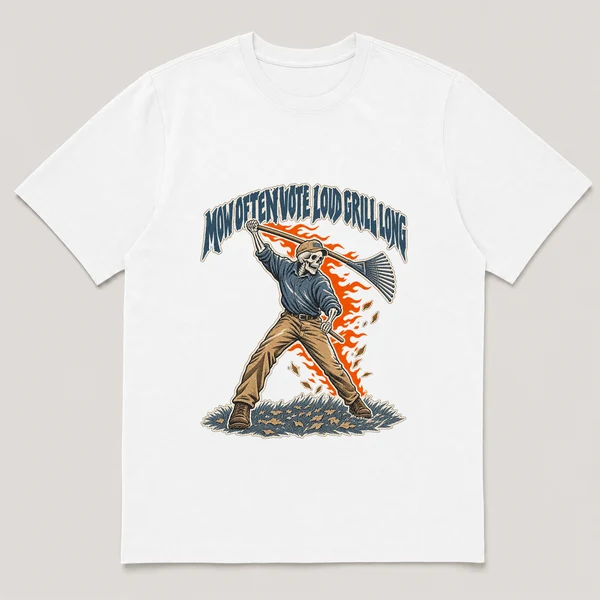 flat lay mockup of a heavyweight tee in black, front view, with the printed design MOW OFTEN VOTE LOUD GRILL LONG across the chest
