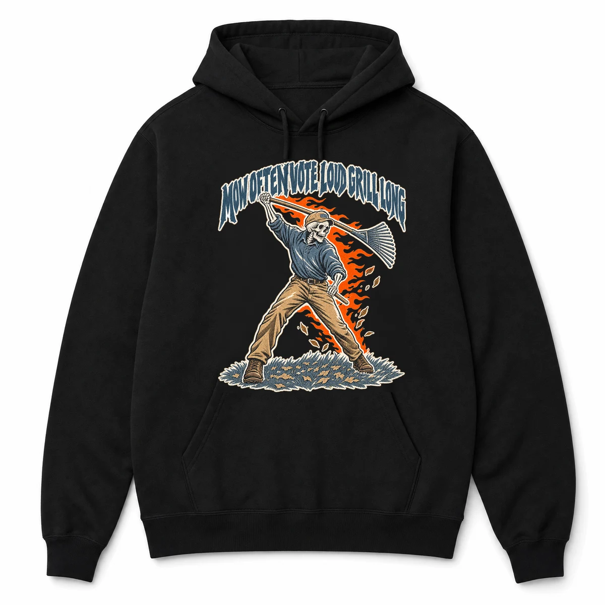 MOW OFTEN VOTE LOUD GRILL LONG on a black hoodie, front view
