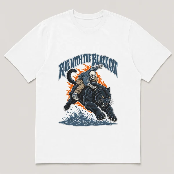 flat lay mockup of a heavyweight tee in white, front view, with the printed design RIDE WITH THE BLACK CAT across the chest