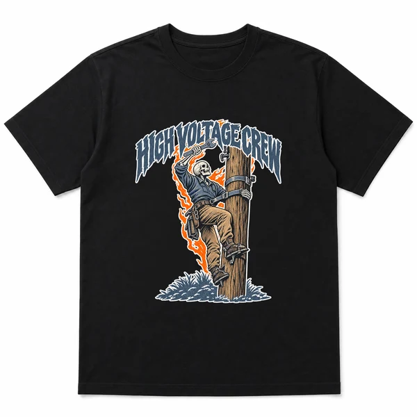 flat lay mockup of a heavyweight tee in black, front view, with the printed design HIGH VOLTAGE CREW across the chest