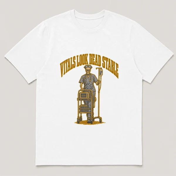 flat lay mockup of a heavyweight tee in black, front view, with the printed design VITALS LOOK DEAD STABLE across the chest
