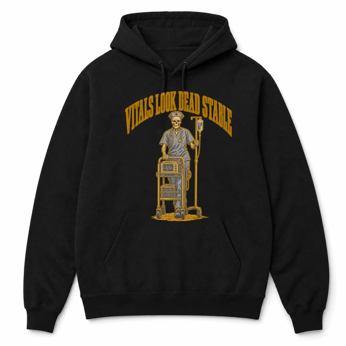 VITALS LOOK DEAD STABLE on a black hoodie, front view