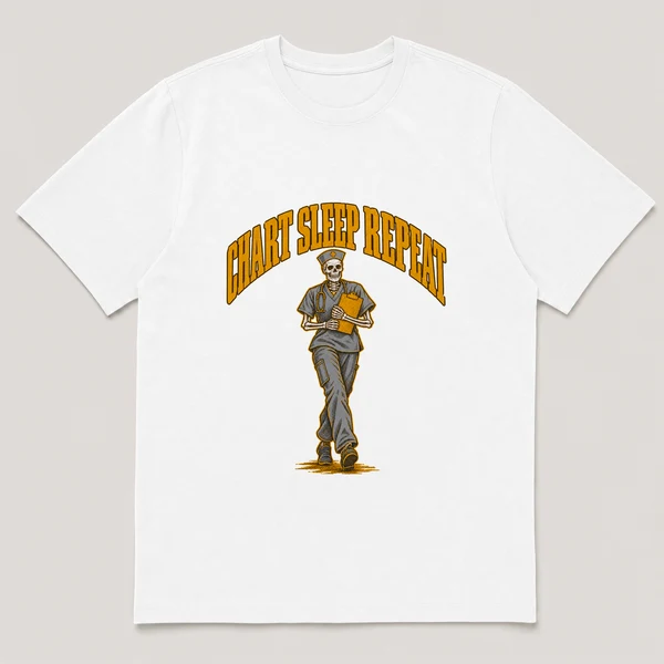 flat lay mockup of a heavyweight tee in black, front view, with the printed design CHART SLEEP REPEAT across the chest