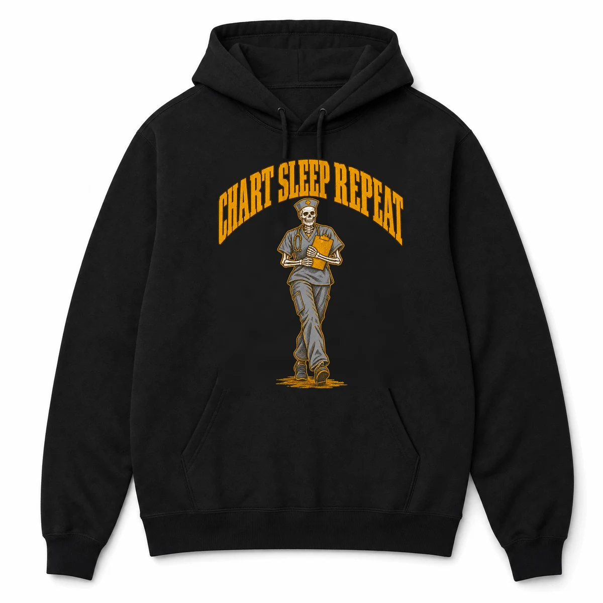CHART SLEEP REPEAT on a black hoodie, front view