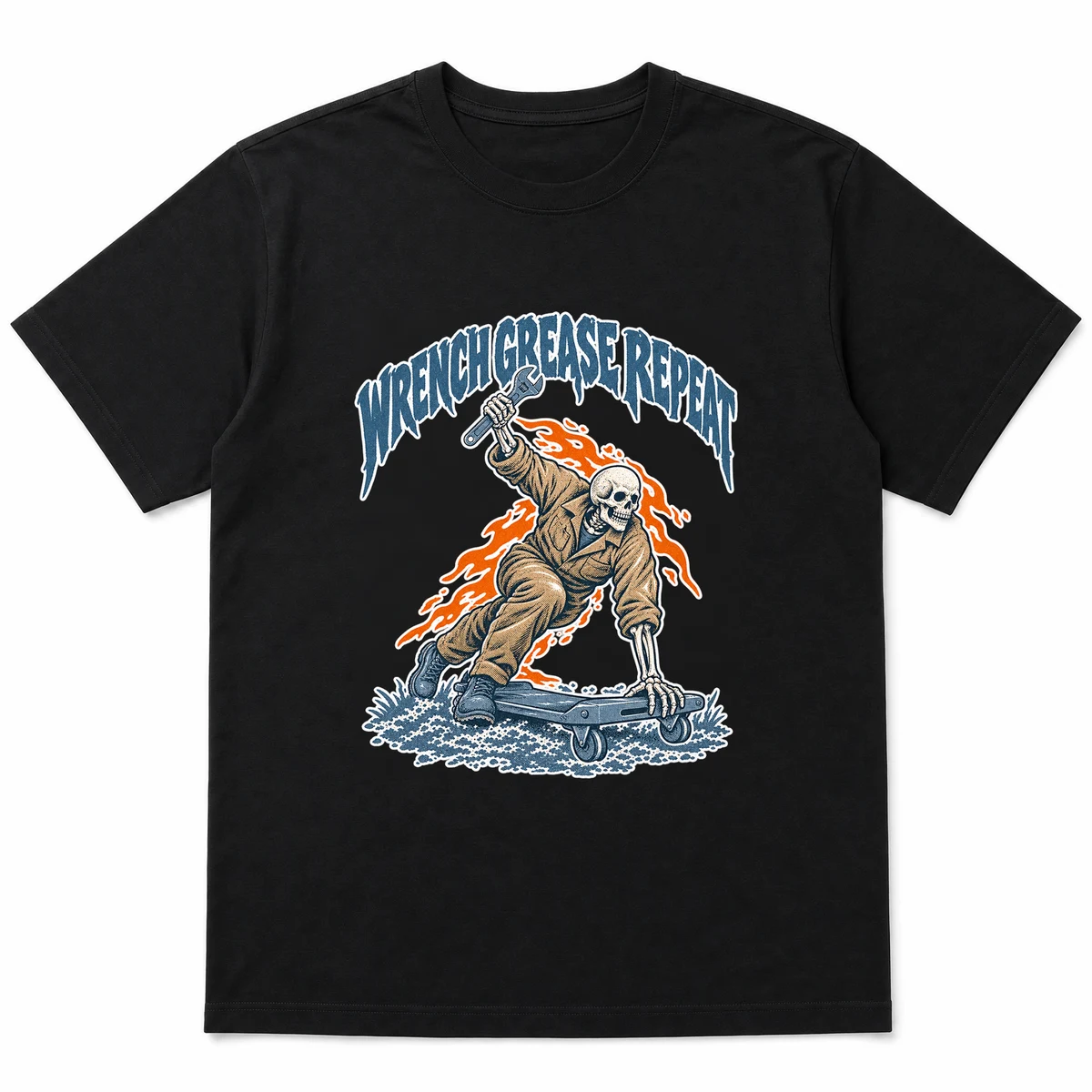 flat lay mockup of a heavyweight tee in black, front view, with the printed design WRENCH GREASE REPEAT across the chest