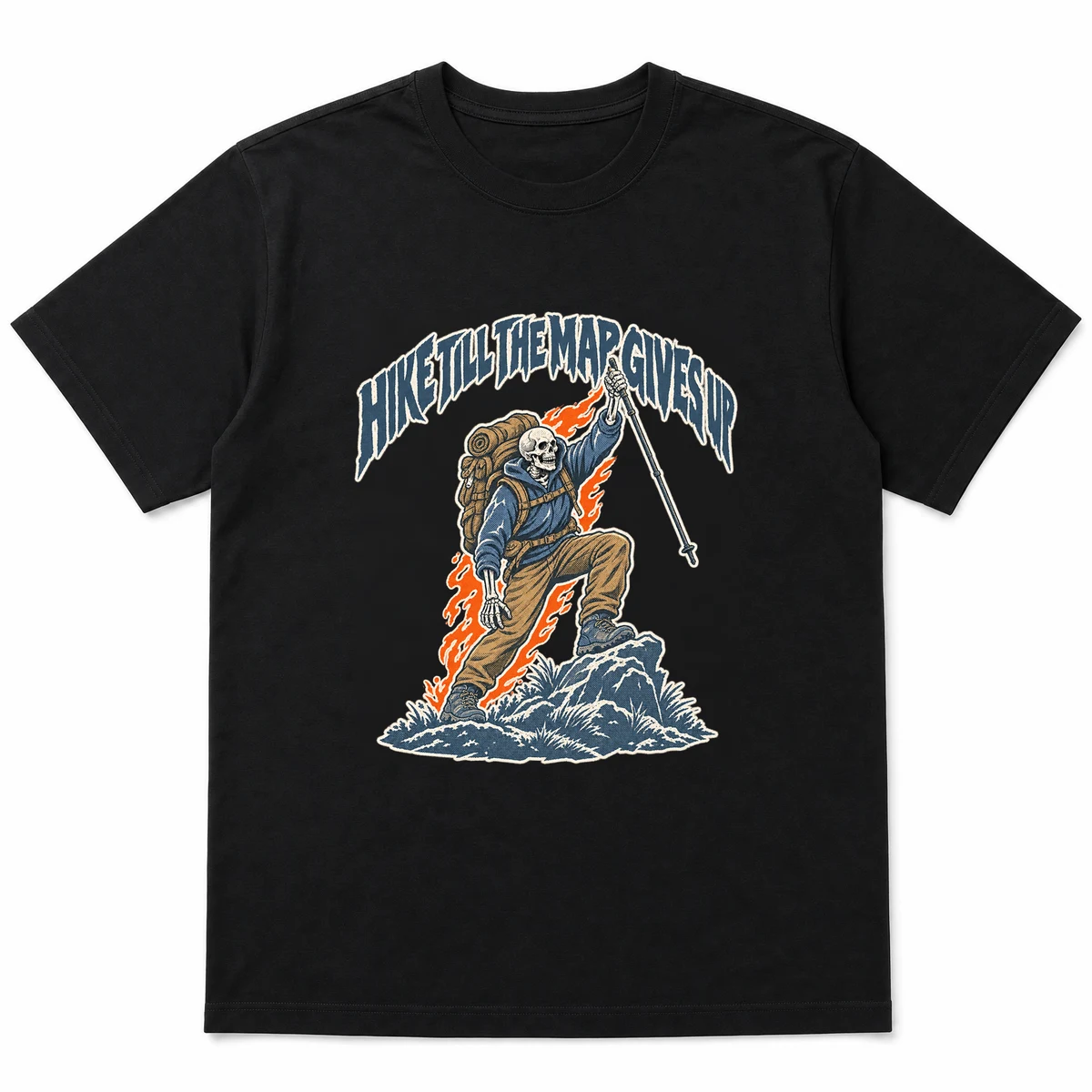flat lay mockup of a heavyweight tee in black, front view, with the printed design HIKE TILL THE MAP GIVES UP across the chest