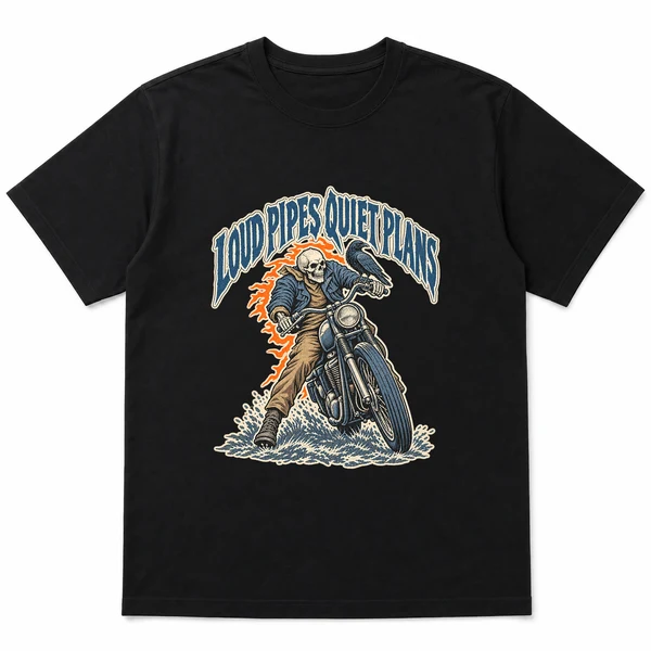 flat lay mockup of a heavyweight tee in black, front view, with the printed design LOUD PIPES QUIET PLANS across the chest