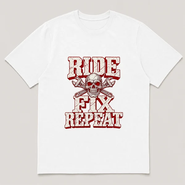flat lay mockup of a heavyweight tee in black, front view, with the printed design RIDE FIX REPEAT across the chest