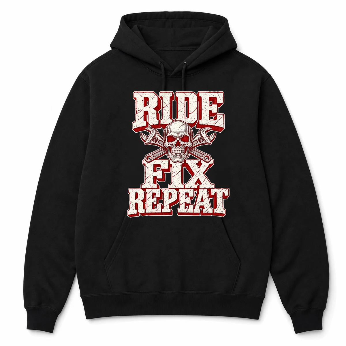 RIDE FIX REPEAT on a black hoodie, front view