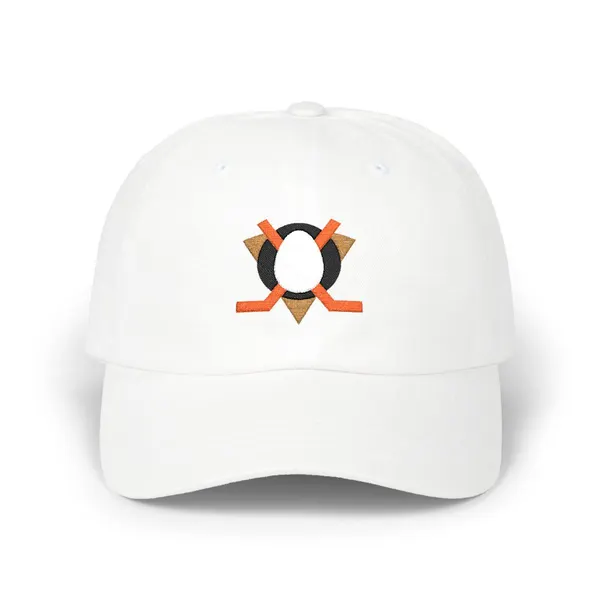 Abstract shapes in white, black, orange, and gold on a dad cap.