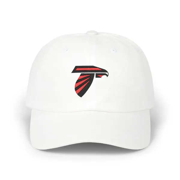 Abstract geometric shapes in black and red embroidery on a cotton dad cap.