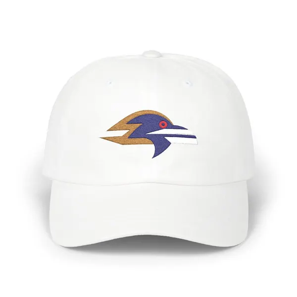 Embroidered abstract shapes in deep purple, off-white, gold, and red on a fabric cap.