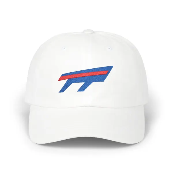Abstract geometric shapes in deep royal blue (#01328E) and vibrant red (#CC0834) on a dad cap.