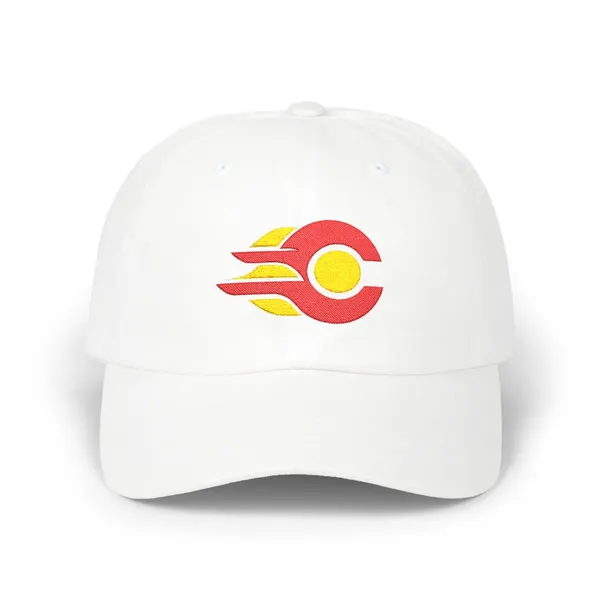 Abstract geometric shapes in red (#BE0A2B) and gold (#F4A919) on a cotton dad cap.