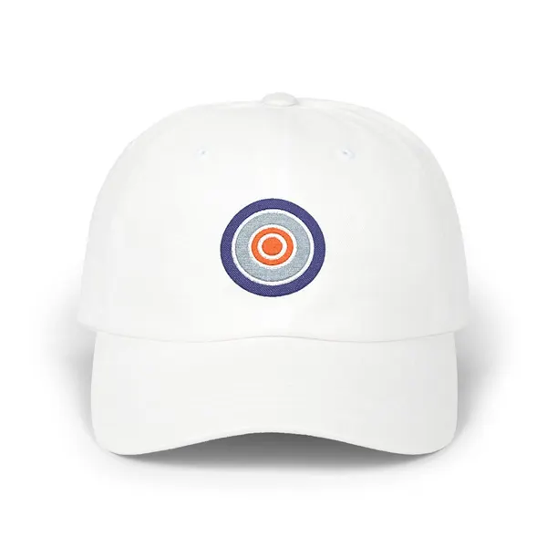 Abstract geometric shapes in navy, grey, white, red, and light blue on a cotton dad cap.