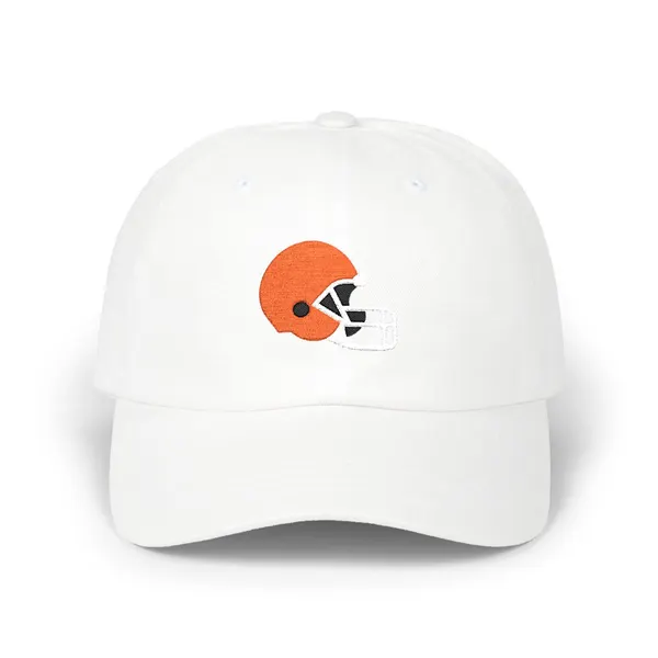 Embroidered abstract geometric shapes in bright orange, deep brown-black, and off-white on a fabric cap.