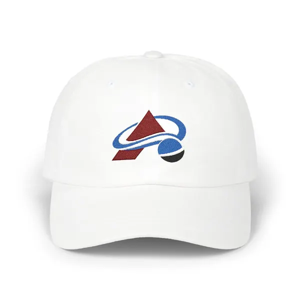 Abstract shapes in Royal, Maroon & White, embroidered on a cotton dad cap.