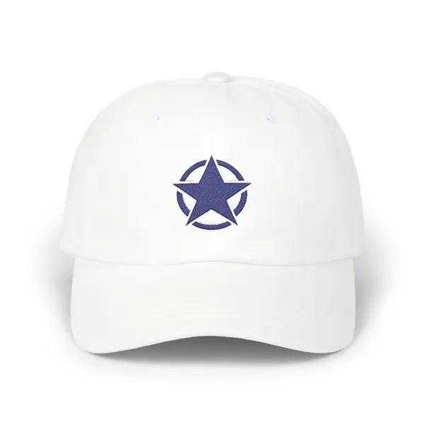 Abstract navy and white geometric shapes embroidered on a dad cap.