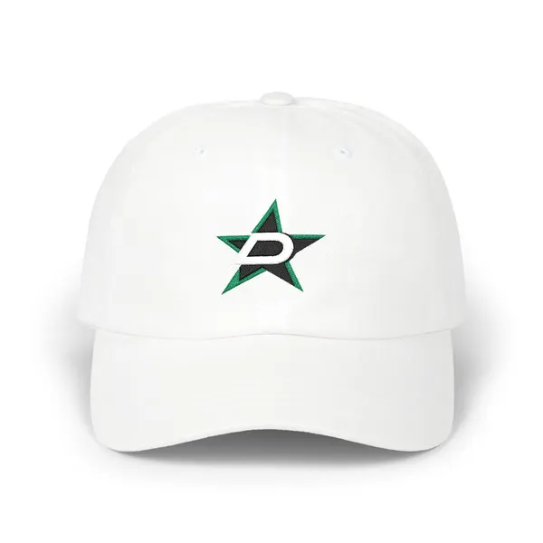 Abstract geometric shapes in black, white, and kelly green embroidered on a cap.