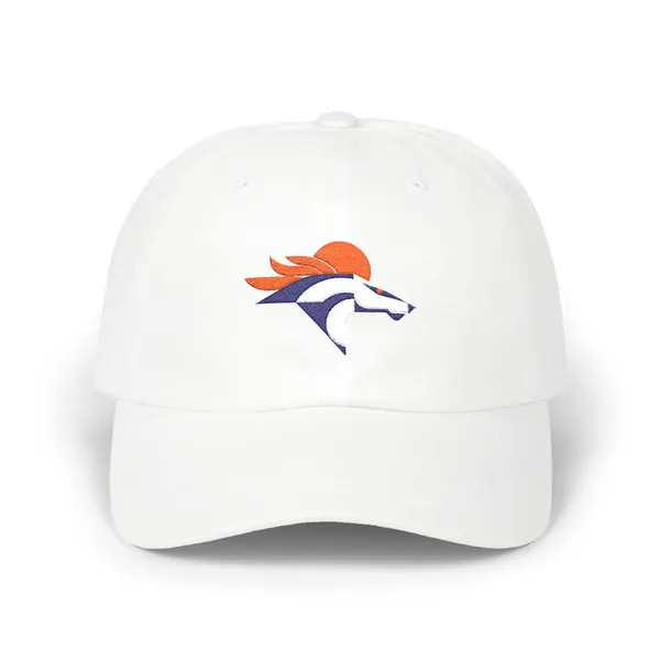 Abstract geometric shapes in vibrant orange, crisp white, and deep navy on a cap.
